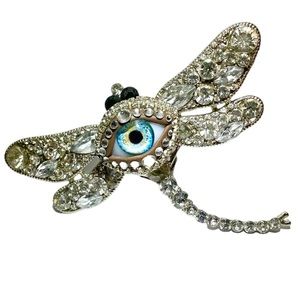 Dragonfly & Eye of Protection Brooch Pendant Handmade Glass Iris & Rhinestones